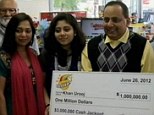Cruel death: Urooj Khan (pictured right) with his $1million winnings shortly before his death from cyanide poisoning. His wife Shabana Ansari (left) and his teenage daughter from an earlier marriage Jasmeen (second left) are by his side 