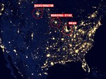 Wasting energy: This NASA satellite image shows how the gas being burned off at the Bakken oil field in North Dakota is almost as bright as the light emitted from major U.S. cities such as Minneapolis-St Paul and Chicago