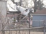 Destruction: At three three homes were damaged when a private jet crashed and landed upside down in a suburban neighborhood this afternoon