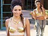 Solid gold: Kat Graham flaunts her tummy in gleaming bra-top after debuting Wanna Say music video