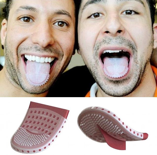 The tongue2tooth hands-free toothbrush. Coated with toothpaste, it is slipped onto the tongue and used instead of a conventional toothbrush 
