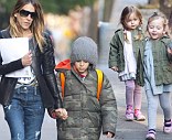 Sarah Jessica Parker takes her kids to school, and they all wear green coats