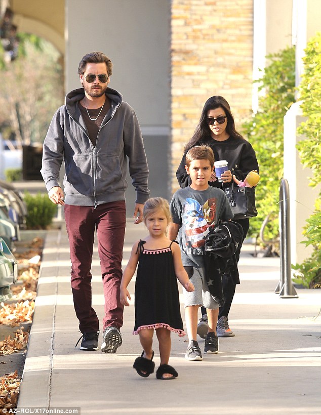 Family time: Kourtney Kardashian and ex Scott Disick took children Mason and Penelope out to the movies on Sunday night in Calabasas while little Reign stayed home with a sitter