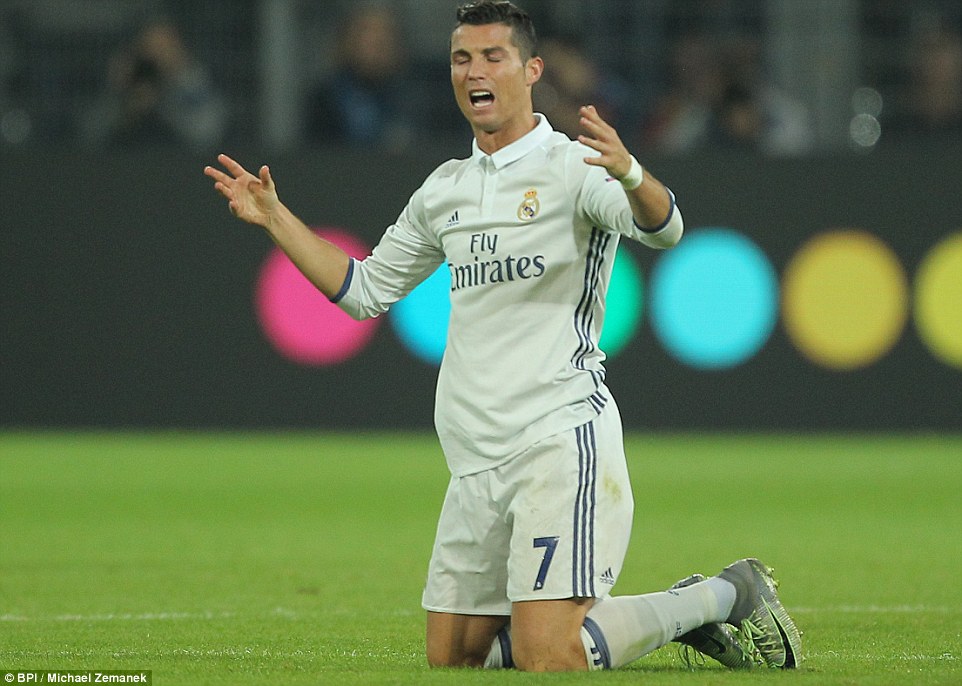 Ronaldo appeals for a free-kick after during a hard-fought second-half at Dortmund HQÂ 