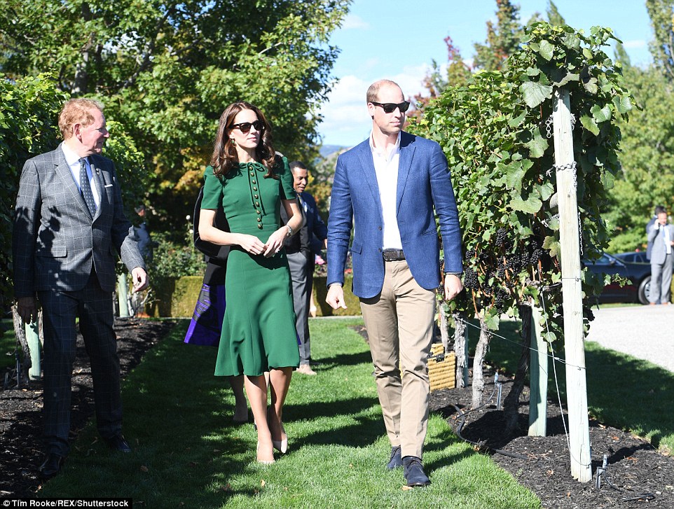 Wearing dark Ray Ban sunglasses, the duke and duchess were shown around the vineyard at the British Columbia winery