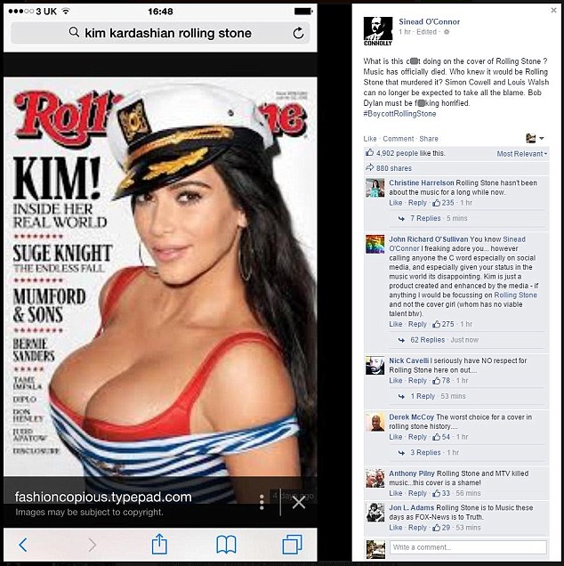 Controversial: Sinead O'Connor expressed her horror at Kim Kardashian appearing on the cover of Rolling Stone magazine in a rant on her Facebook page